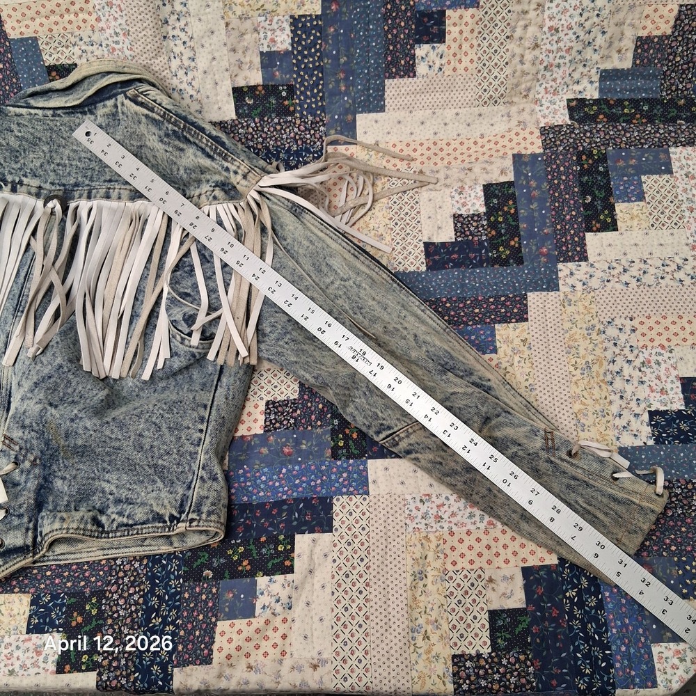 Vintage HAVOC Western Fringe Acid Wash Denim Jacket Womens Size Large 80s BOHO - Picture 10 of 11